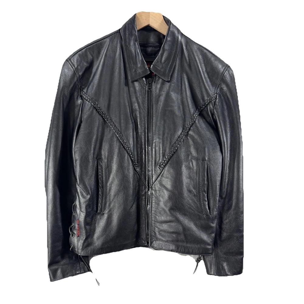 Hot Leathers Jacket Womens Large Black Leather Motorcycle Braided Biker Lined